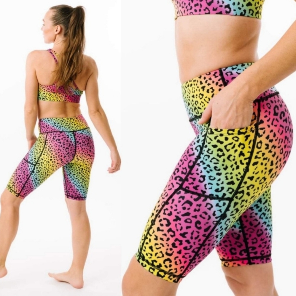 Zyia Active Rainbow Leopard Light N Tight Pocket Hustle Shorts M